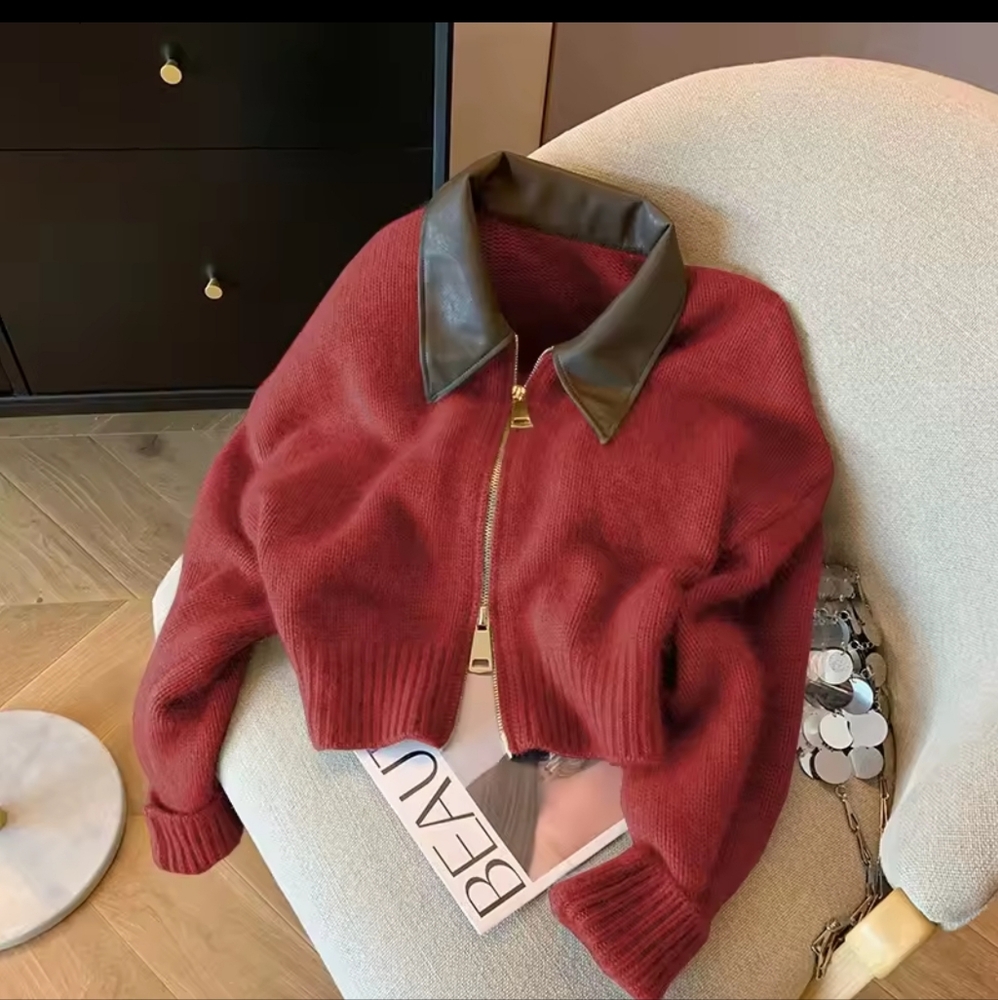 Collar Knit Sweater Fashion Double Zipper Cardigan - Picture 7 of 8